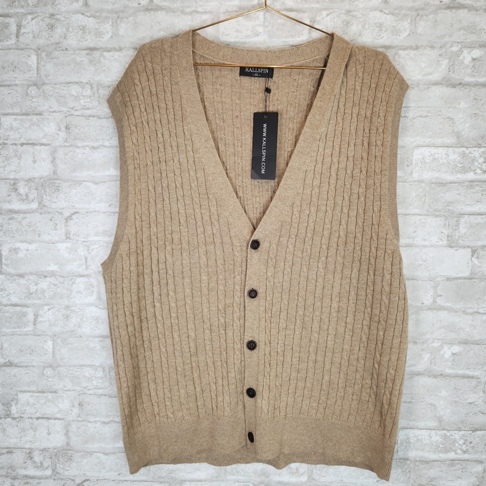 Kallspin Sweater Vest Tan Brown Cashmere Wool Blend Classic XXL